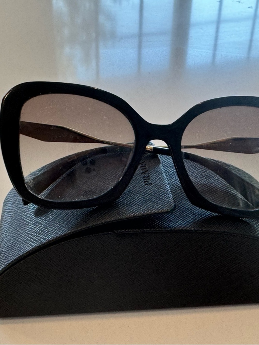 Prada Black Oversized Square Sunglasses with gold Temples - Picture 2 of 7